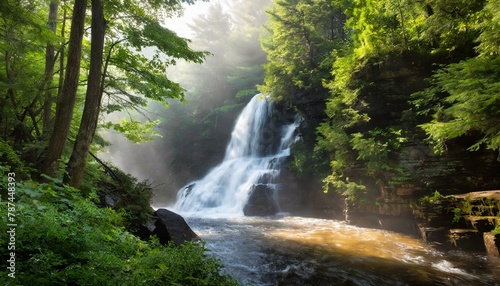 A cascading waterfall hidden deep in a lush forest with mist hiding the gorge and trees surrounding it's banks; peaceful environment, summer, magical scene