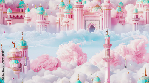 Fantasy illustration of pastel-hued palaces and minarets floating among soft pink and white clouds in a dreamy sky. photo