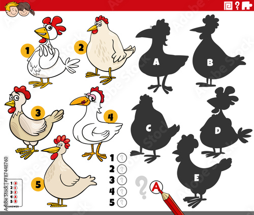 finding shadows game with cartoon chickens characters