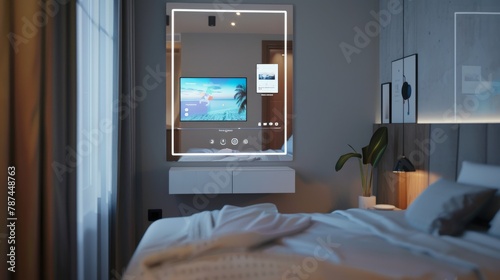 Modern bedroom with innovative smart mirror displaying digital content © Georgii