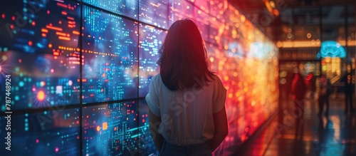 Futuristic Business Leader Analyzing Intricate Data Visualization on Illuminated Wall