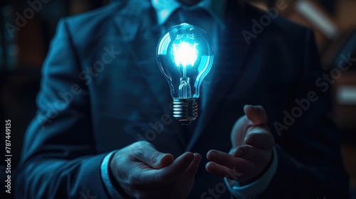Brilliant Businessman Holds the Key to Technological Enlightenment A Neon Bulb Ignites Innovation in the Corporate Realm