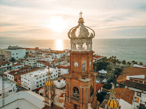 Back view of our Lady of Guadalupe church in Puerto Vallarta, Jalisco, Mexico at sunset.