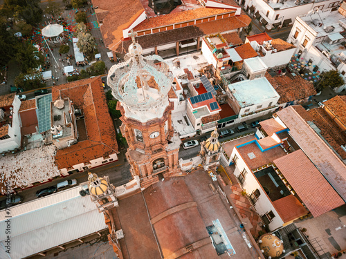 High angle top top down view of our Lady of Guadalupe church in Puerto Vallarta, Mexico at sunset. photo
