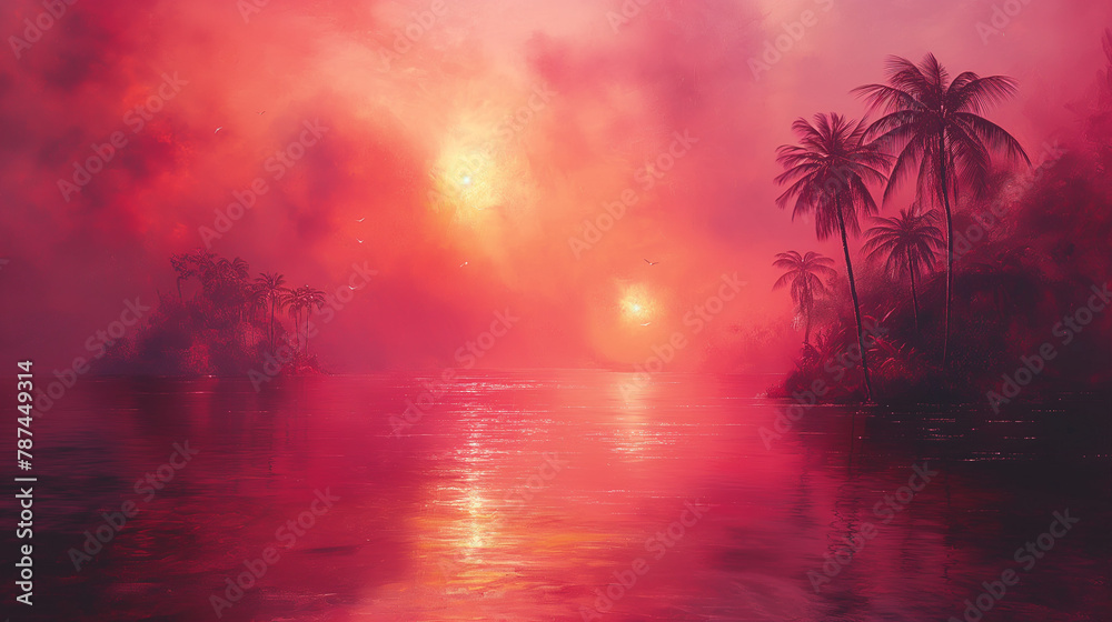 Tropical sunset with red sky and palm tree silhouettes, paradise landscape