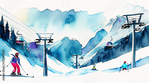Ski slope.
watercolour-style illustration.
AI generated.