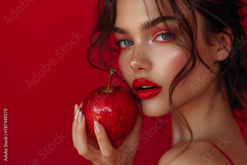 Woman with red lipstick holding an apple against a red background. Glamorous makeup and healthy eating concept. Design for beauty and fashion magazine, cosmetic advertising. Intense color portrait