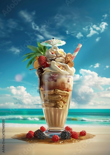 COCKTAIL ON THE BEACH ICED COFFEE WITH COOKIES BERRIES ICE CREAM AND TOPPINGS (ID: 787449588)