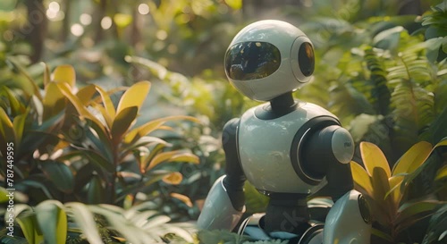A robot sits in a lush jungle clearing, illuminated by soft sunlight.
