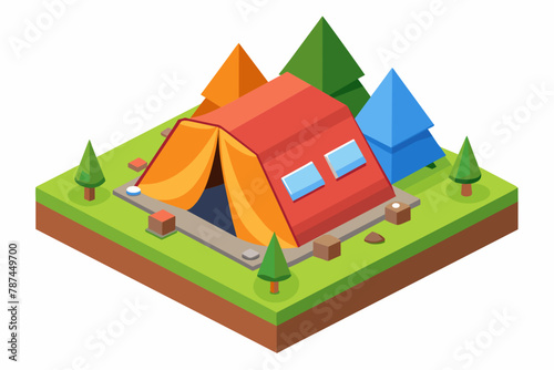 Presenting a simple isometric cartoon illustration of a tourist tent against a white background. Perfect for games and outdoor-themed designs