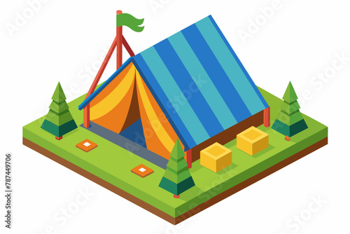 Presenting a simple isometric cartoon illustration of a tourist tent against a white background. Perfect for games and outdoor-themed designs