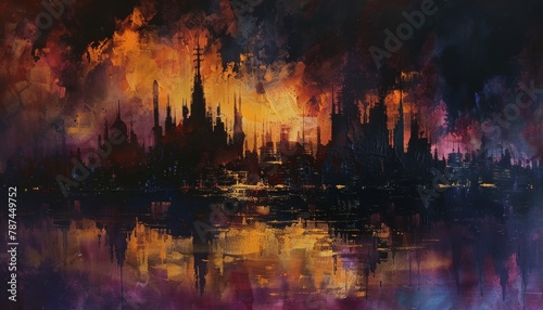 An oil painting depicting a dark and futuristic city in black, amethyst, plum, and butterscotch yellow hues, resembling a Renaissance-style apocalypse.