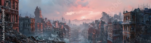 A dystopian city in shades of blush rose and fuchsia emerges from cobalt shadows of disaster. Brown ruins tell tales of apocalypse, juxtaposing beauty with decay