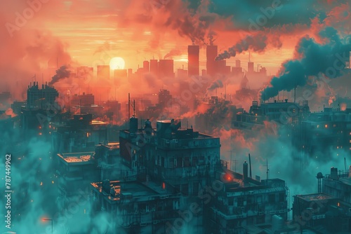 A dystopian city shrouded in shadows of apocalypse  painted in turquoise and warm sand. Dark yet luminous  promising tales of survival and a reborn future from the ashes.