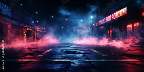  3D rendering old wet asphalt neon lights street AI-generated Image © Muhammad