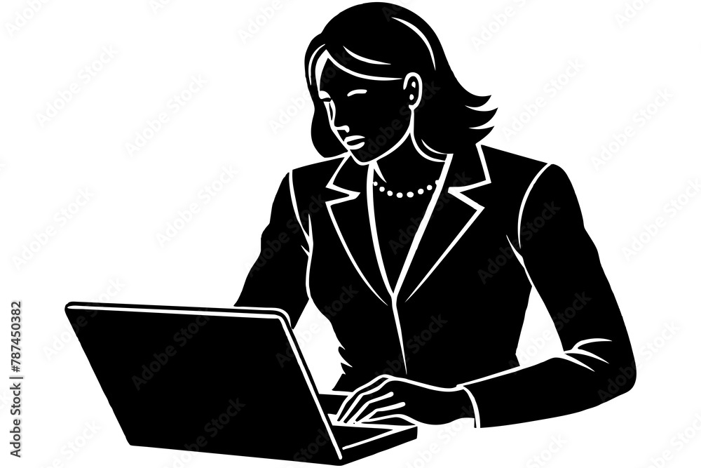 Businesswoman working on laptop black silhouette in white background Businesswoman working on laptop black silhouette in white background
