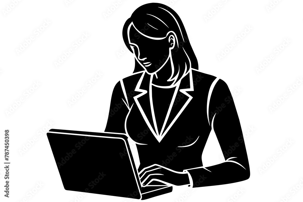 Businesswoman working on laptop black silhouette in white background Businesswoman working on laptop black silhouette in white background
