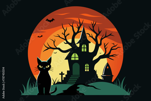 Create a minimalist Halloween t-shirt design with a simple black cat silhouette  spooky halloween tree silhouette  spooky ancient ghost house silhouette  against a full moon background