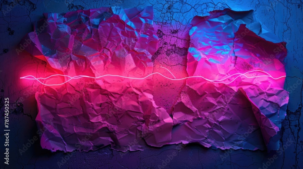 Neon Glow Abstract Backdrop with Old Torn Paper Texture Stains Wrinkles and High Tech Futuristic Lighting Effects