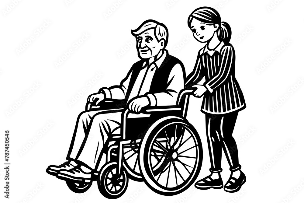 A young granddaughter helps an old grandfather in a wheelchair vector silhouette 