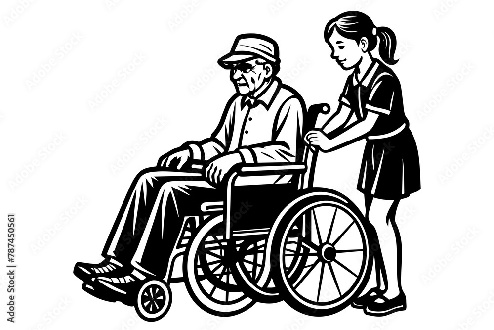 A young granddaughter helps an old grandfather in a wheelchair vector silhouette A young granddaughter helps an old grandfather in a wheelchair vector silhouette