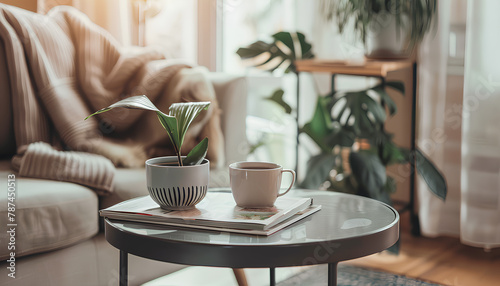 Coffee table with cup of tea, magazines and houseplant near armchair in living room