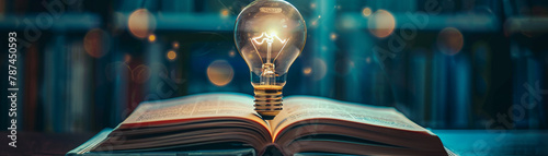 An open book with a lightbulb rising from its pages, casting light on an open mind, depicting inspiration through learning and innovation #787450593