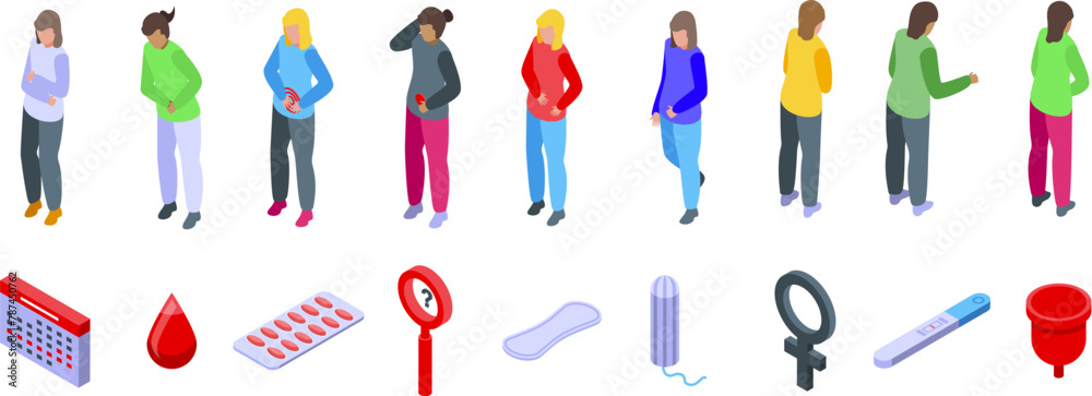 Menstrual calendar icons set isometric vector. Female cycle. Suffering pain