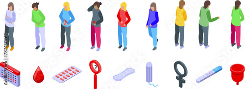 Menstrual calendar icons set isometric vector. Female cycle. Suffering pain