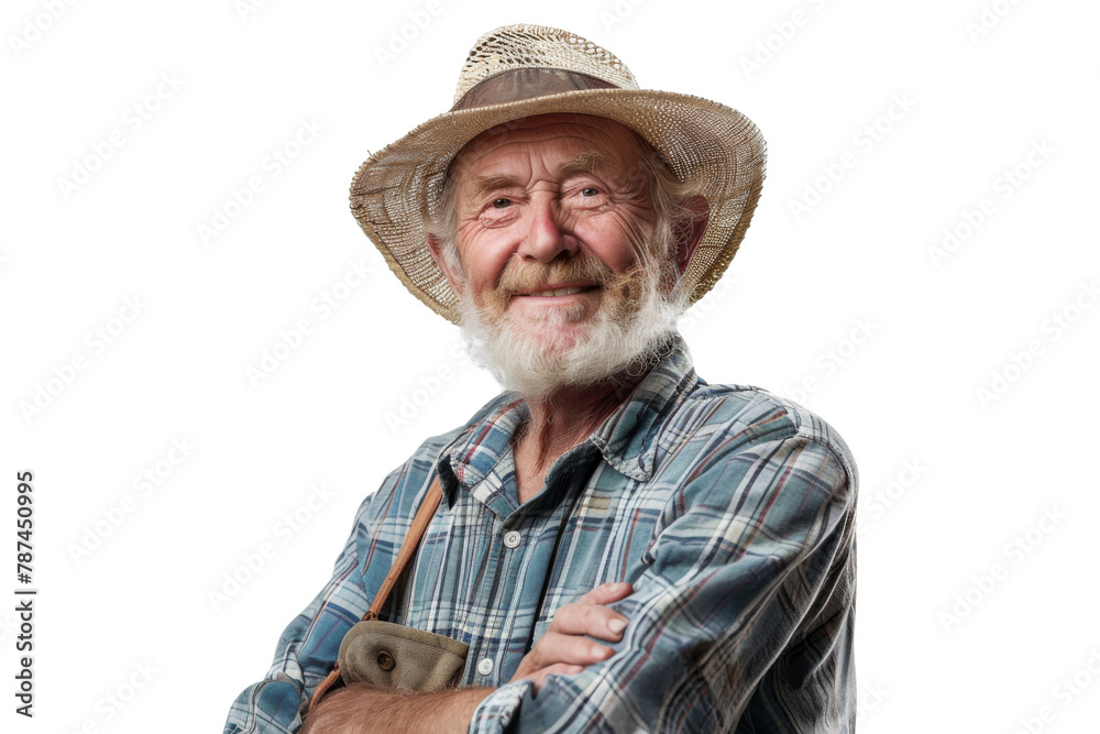 Portrait studio shot of mature senior Farmer man weaning straw hat isolated on transparent png background, person look at camera, agriculture worker. Portrait studio shot of mature senior Farmer man weaning straw hat isolated on transparent png background, person look at camera, agriculture worker.
