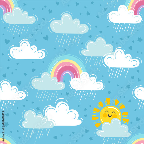 Hand drawn vector illustration. Seamless pattern with cute rainbow, rain cloud and smiling sun