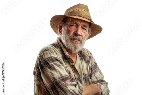 Portrait studio shot of mature senior Farmer man weaning straw hat isolated on transparent png background, person look at camera, agriculture worker.