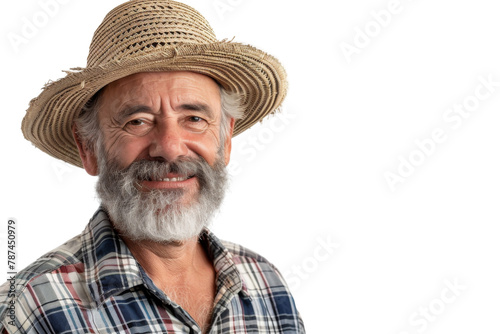 Portrait studio shot of mature senior Farmer man weaning straw hat isolated on transparent png background, person look at camera, agriculture worker.