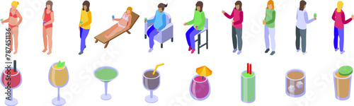 Woman drink cocktail icons set isometric vector. Fashionable girl. Beach vacation