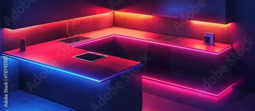 Glowing neon lit high tech kitchen interior with futuristic isometric design and modern appliances and furniture