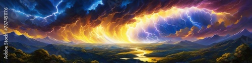 Abstract futuristic landscape with lightning discharges in blue and yellow on dark background.