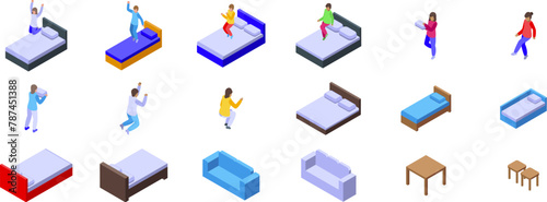 Kids jumping bed icons set isometric vector. Play activity. Happy care