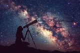 In the serenity of the night, a woman engages with the cosmos through her telescope, silhouetted against the vibrant Milky Way