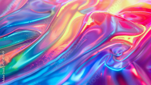 Rainbow Wave Holographic 3D Background. Abstract Texture, Trendy Pattern, Iridescent Metal, Liquid Chrome, Fluid Motion. Neon Color, Laser, Light Reflections. Music, Mind, Joy, Harmony. Banner, Header
