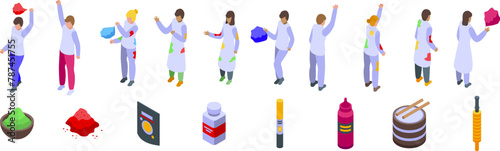 Holi powder paints icons set isometric vector. Happy festival. Costume play