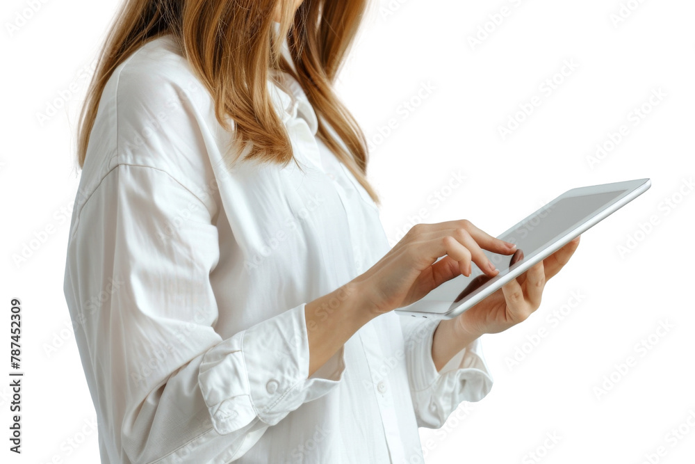 Studio portrait company worker beautiful young Caucasian woman with an attractive smile wearing casual outfits and holding digital tablet, isolated on transparent png background. Studio portrait company worker beautiful young Caucasian woman with an attractive smile wearing casual outfits and holding digital tablet, isolated on transparent png background.