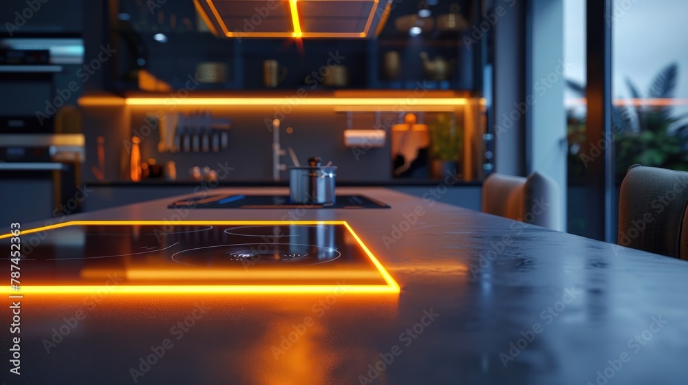 Striking Neon Lit Modern Kitchen with Wooden Furnishings and Focused Sink Illumination
