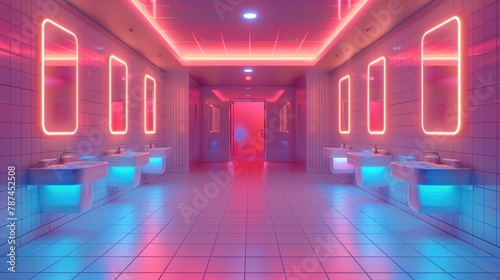 Futuristic Neon Lit Corridor with Mirrored Walls and Tiled Floors in a High Tech Restroom Environment
