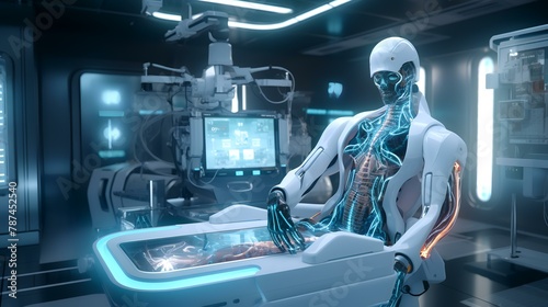 3D rendering of a medical robot in a modern operating room.
