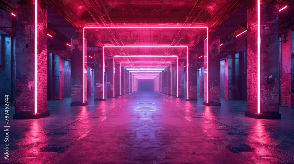 Vibrant Neon Lit Industrial Passage Showcasing Striking Architectural Design and Symmetry