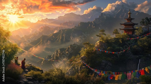 Sunrise illuminates a Himalayan temple and vibrant prayer flags  with the majestic snow-capped mountains creating a breathtaking backdrop. A tranquil monastery high in the mountains. Resplendent.