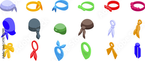 Hair scarf icons set isometric vector. Head hairband. Female clothing