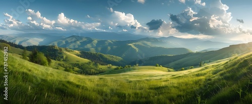 Beautiful spring landscape with green grass on the hill and mountains in background. Panoramic view of Carpathian mountain range photo
