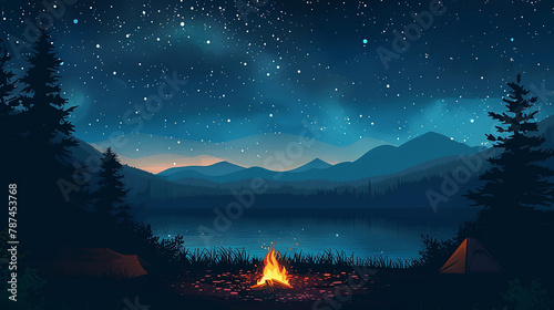 Starlit Night Camping and Hiking Vector with mountain Background