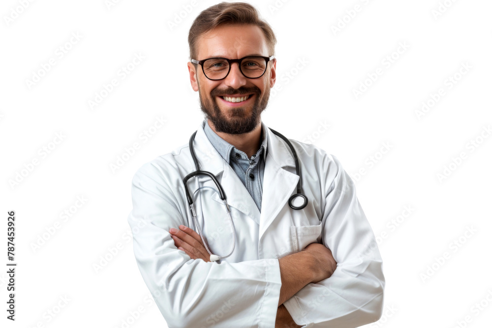 Studio Portrait of smiling Doctor with uniform outfits or laboratory white coat isolated on transparent png background.